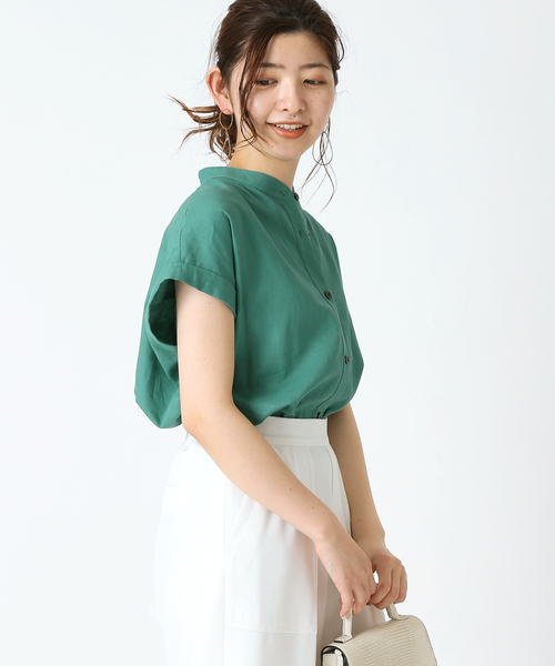 B.C STOCK(ベーセーストック)の「麻レーヨンバンドカラーシャツ(シャツ/ブラウス・レディース・ホワイト/ベージュ/ネイビー/グリーン・FREE)」の1枚目の写真