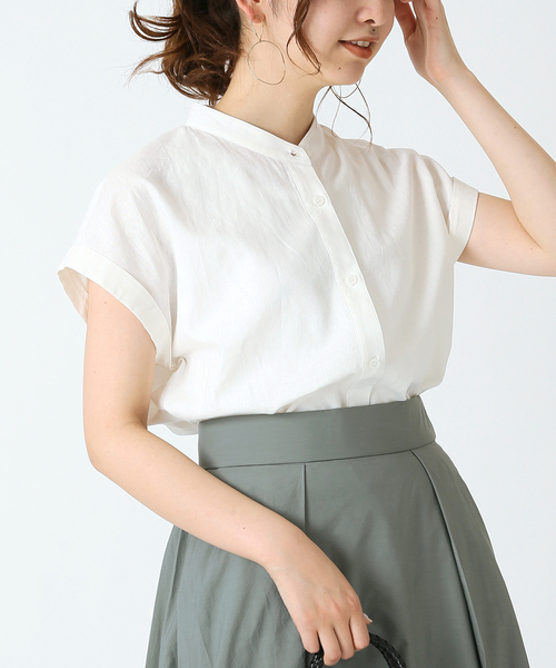 B.C STOCK(ベーセーストック)の「麻レーヨンバンドカラーシャツ(シャツ/ブラウス・レディース・ホワイト/ベージュ/ネイビー/グリーン・FREE)」の6枚目の写真