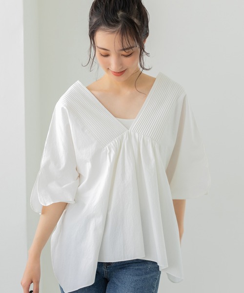 fifth(フィフス)の「ピンタックコットンVネックブラウス(シャツ/ブラウス・レディース・ホワイト/ブラウン・S/M)」の18枚目の写真