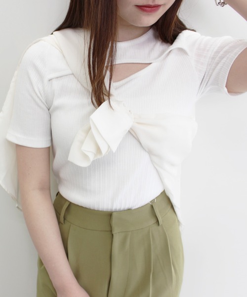 MLI'A(エムリア)の「レイヤードデザイン半袖トップス(Tシャツ/カットソー・レディース・ブラック/オフホワイト/ピンク/グリーン・M)」の1枚目の写真