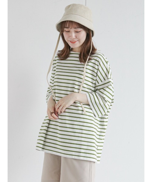 ehka sopo（エヘカソポ）の「ビッグバスクボーダープルオーバー（Tシャツ/カットソー・レディース・ボルドー/グリーン/オレンジ・ﾌﾘ-）」の2枚目の写真