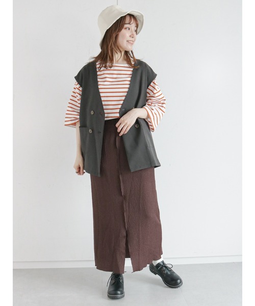 ehka sopo（エヘカソポ）の「ビッグバスクボーダープルオーバー（Tシャツ/カットソー・レディース・ボルドー/グリーン/オレンジ・ﾌﾘ-）」の6枚目の写真