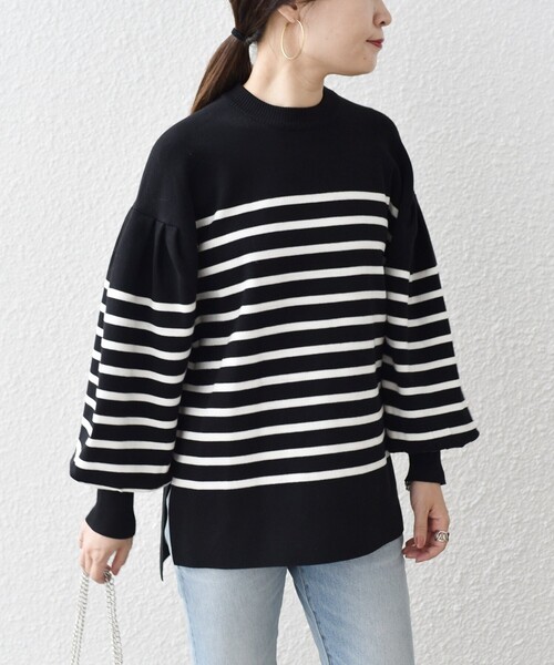 SHIPS(シップス)の「*〈手洗い可能〉スイスオーガニックコットンバスクボーダー◆(ニット/セーター・レディース・ブラック/オフホワイト/ダークグレー/キャメル・ONE SIZE)」の1枚目の写真