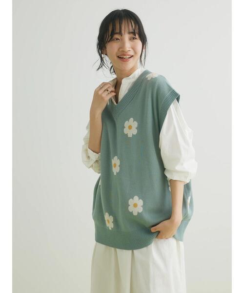 CRAFT STANDARD BOUTIQUE（クラフトスタンダードブティック）の「花柄ニットベスト（ベスト・レディース・サックスブルー/チャコールグレー・FREE）」の4枚目の写真