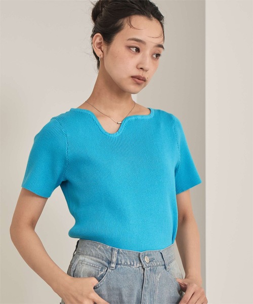 miette（ミエット）の「ウェーブネックライン半袖トップス（ニット/セーター・レディース・ライトグリーン/オフホワイト/ピンク/ブラック/カーキ/ライトブルー・FREE）」の15枚目の写真