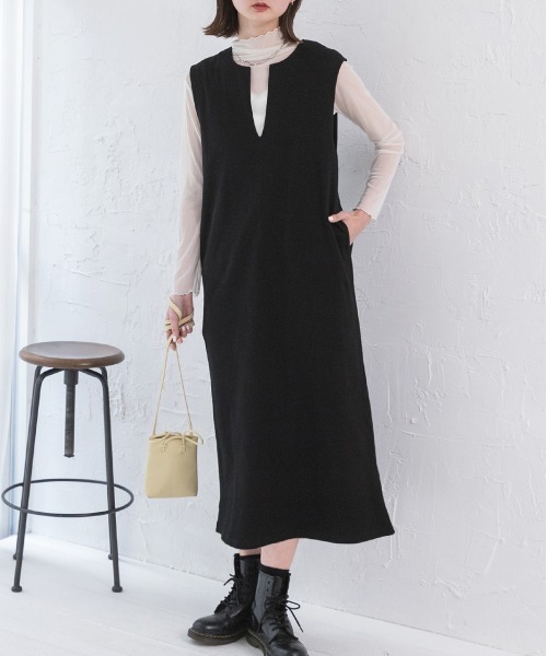 ad thie(アドティエ)の「裏毛 キーネック ロングワンピース(ワンピース・レディース・アイボリー/ブラック/チャコール/オートミール/ベージュ・FREE)」の1枚目の写真
