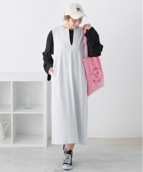 ad thie(アドティエ)の「裏毛 キーネック ロングワンピース(ワンピース・レディース・アイボリー/ブラック/チャコール/オートミール/ベージュ・FREE)」の6枚目の写真