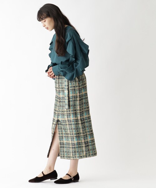 OPAQUE.CLIP（オペークドットクリップ）の「◆オーガンジーチェックナロースカート【洗濯機洗い可】（スカート・レディース・ピンク系その他/グリーン系その他3・38/36）」の4枚目の写真