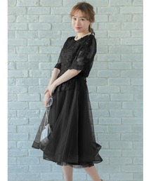 Retica（レティカ）の「パーティードレス 立体刺繍 チュール 五分袖 ミモレ丈 ワンピース 20代 30代 大きいサイズ お呼ばれ 結婚式（ドレス）」