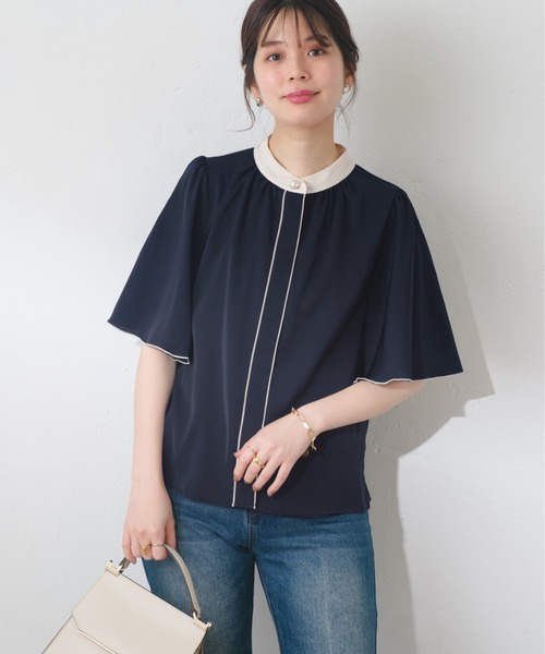 natural couture（ナチュラルクチュール）の「【WEB限定】パール釦ポイントバイカラーフレア5分袖ブラウス（シャツ/ブラウス・レディース・ベージュ系その他/ピンク/ネイビー/ドット/ピンクベージュ/サックスブルー/オフホワイト/その他1・FREE）」の21枚目の写真