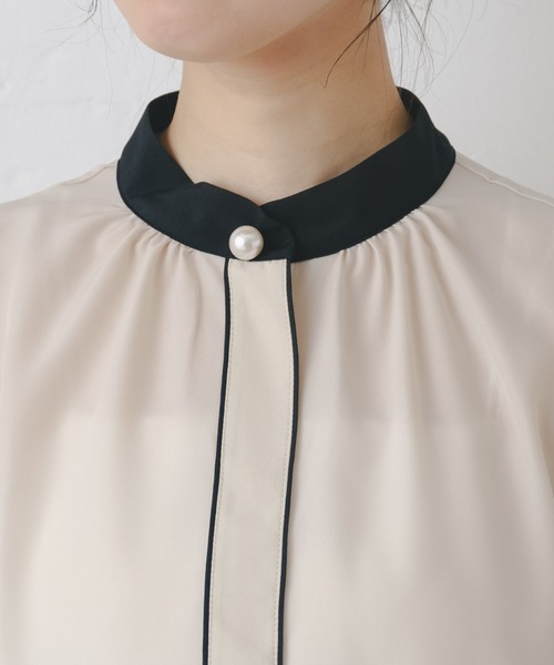 マルチサイズ ブラウス シャツ パール釦バイカラーブラウス レディース Lace Ladies ブラウス シャツ パールボタン付きバイカラー半袖前