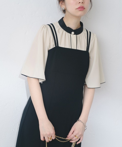 natural couture（ナチュラルクチュール）の「【WEB限定】パール釦ポイントバイカラーフレア5分袖ブラウス（シャツ/ブラウス・レディース・ベージュ系その他/ピンク/ネイビー/ドット/ピンクベージュ/サックスブルー/オフホワイト/その他1・FREE）」の10枚目の写真