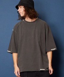 ヴィンテージライク 古着風 綿100％ピグメント加工ダメージブランケットステッチTシャツ