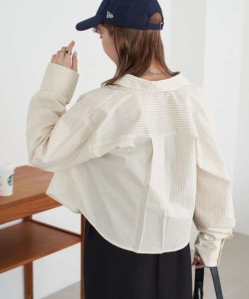 DISCOAT（ディスコート）の「【WEB限定】ストライプクロップドシャツ（シャツ/ブラウス・レディース・ベージュ/ピンク/アイボリー/ブルー・FREE）」の7枚目の写真