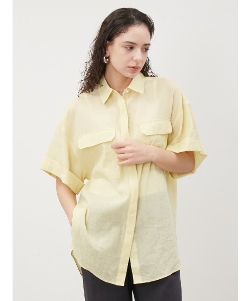 Mila Owen（ミラオーウェン）の「綿麻BIGポケット半袖シャツ（シャツ/ブラウス・レディース・チャコールグレー/イエロー/ストライプ/ホワイト・FREE）」の21枚目の写真