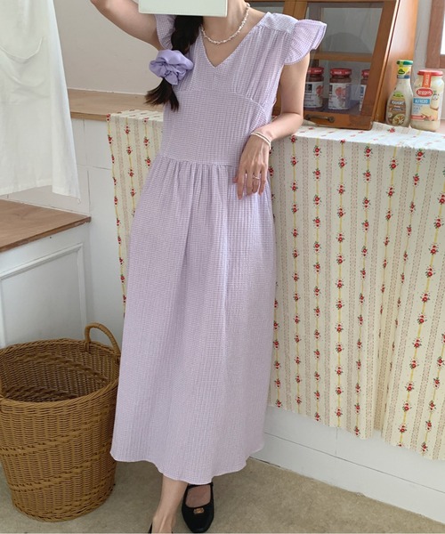 Twinkle;pm(トゥインクルピーエム)の「フレンチスリーブウエストマークギンガムチェックワンピース(ワンピース・レディース・ライトパープル/サックスブルー/ブラック・FREE)」の3枚目の写真