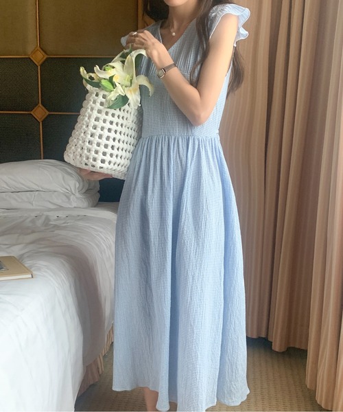 Twinkle;pm(トゥインクルピーエム)の「フレンチスリーブウエストマークギンガムチェックワンピース(ワンピース・レディース・ライトパープル/サックスブルー/ブラック・FREE)」の2枚目の写真