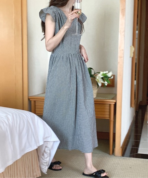 フレンチスリーブウエストマークギンガムチェックワンピース