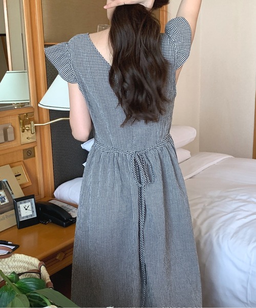 Twinkle;pm(トゥインクルピーエム)の「フレンチスリーブウエストマークギンガムチェックワンピース(ワンピース・レディース・ライトパープル/サックスブルー/ブラック・FREE)」の16枚目の写真