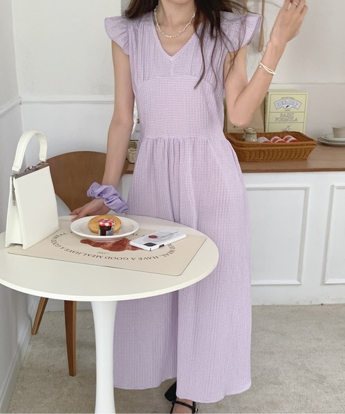 Twinkle;pm(トゥインクルピーエム)の「フレンチスリーブウエストマークギンガムチェックワンピース(ワンピース・レディース・ライトパープル/サックスブルー/ブラック・FREE)」の13枚目の写真