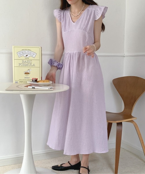 Twinkle;pm(トゥインクルピーエム)の「フレンチスリーブウエストマークギンガムチェックワンピース(ワンピース・レディース・ライトパープル/サックスブルー/ブラック・FREE)」の8枚目の写真