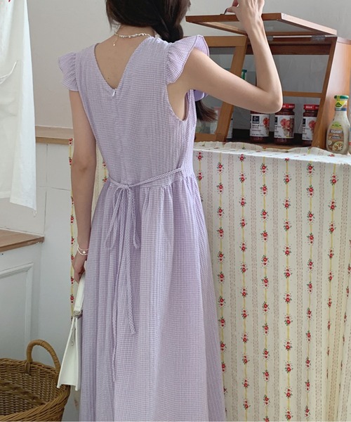 フレンチスリーブウエストマークギンガムチェックワンピース