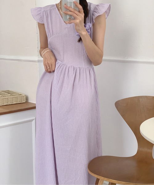 Twinkle;pm(トゥインクルピーエム)の「フレンチスリーブウエストマークギンガムチェックワンピース(ワンピース・レディース・ライトパープル/サックスブルー/ブラック・FREE)」の5枚目の写真