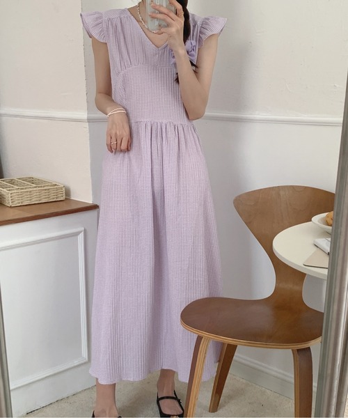 Twinkle;pm(トゥインクルピーエム)の「フレンチスリーブウエストマークギンガムチェックワンピース(ワンピース・レディース・ライトパープル/サックスブルー/ブラック・FREE)」の7枚目の写真