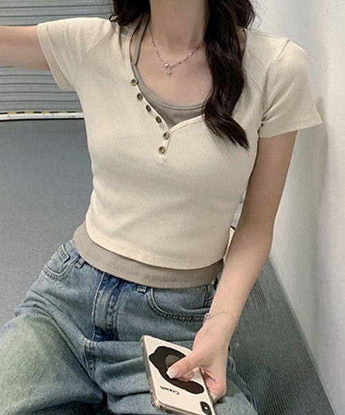 aimoha（アイモハ）の「重ね着風T (SS)（Tシャツ/カットソー・レディース・ライトグレー/ダークグレー/ベージュ・MEDIUM/LARGE/SMALL）」の15枚目の写真