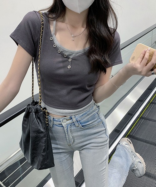 aimoha（アイモハ）の「重ね着風T (SS)（Tシャツ/カットソー・レディース・ライトグレー/ダークグレー/ベージュ・MEDIUM/LARGE/SMALL）」の4枚目の写真