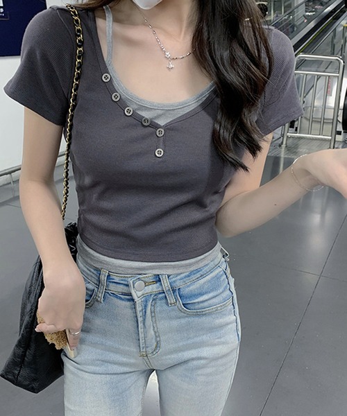 aimoha（アイモハ）の「重ね着風T (SS)（Tシャツ/カットソー・レディース・ライトグレー/ダークグレー/ベージュ・MEDIUM/LARGE/SMALL）」の5枚目の写真