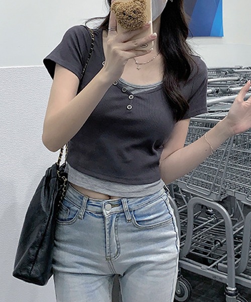 aimoha（アイモハ）の「重ね着風T (SS)（Tシャツ/カットソー・レディース・ライトグレー/ダークグレー/ベージュ・MEDIUM/LARGE/SMALL）」の6枚目の写真