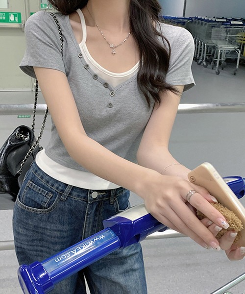 aimoha（アイモハ）の「重ね着風T (SS)（Tシャツ/カットソー・レディース・ライトグレー/ダークグレー/ベージュ・MEDIUM/LARGE/SMALL）」の9枚目の写真