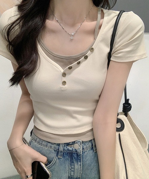 aimoha（アイモハ）の「重ね着風T (SS)（Tシャツ/カットソー・レディース・ライトグレー/ダークグレー/ベージュ・MEDIUM/LARGE/SMALL）」の11枚目の写真