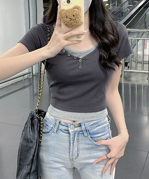 aimoha（アイモハ）の「重ね着風T (SS)（Tシャツ/カットソー・レディース・ライトグレー/ダークグレー/ベージュ・MEDIUM/LARGE/SMALL）」の13枚目の写真