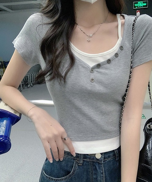 aimoha（アイモハ）の「重ね着風T (SS)（Tシャツ/カットソー・レディース・ライトグレー/ダークグレー/ベージュ・MEDIUM/LARGE/SMALL）」の14枚目の写真
