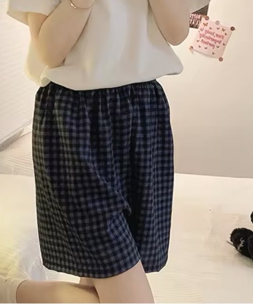 ammy.(エイミードット)の「【 ammy. / エイミードット 】 ギンガムチェック フラワー ショートパンツ / ルームウェア(ルームウェア/パジャマ・レディース・グリーン系/ブルー系/ピンク系/オレンジ系/イエロー系/パープル系/ネイビー系/ブラック系/レッド系/ライトピンク・FREE)」の4枚目の写真