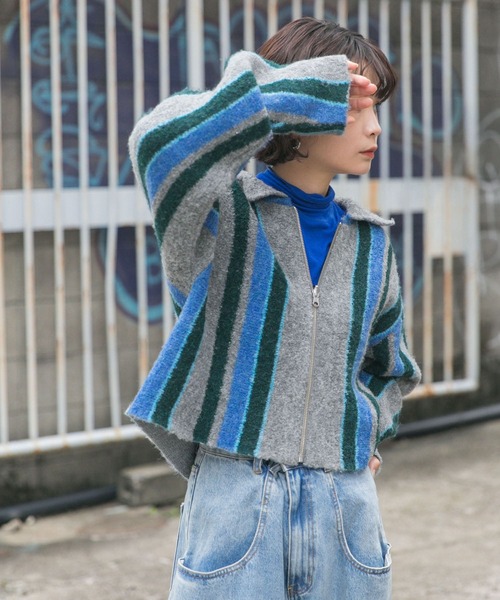 セール】フロントZIPストライプカーディガン（カーディガン