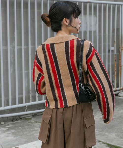 KBF(ケイビーエフ)の「フロントZIPストライプカーディガン(カーディガン/ボレロ・レディース・ベージュ系その他/グレー/チャコールグレー・ONE)」の8枚目の写真