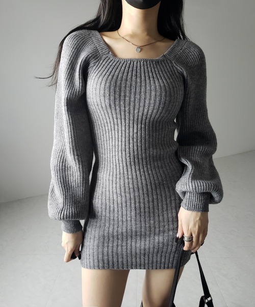 me+em select(ミームセレクト)の「【 2color 】スクエアネックリブニットミニワンピース / square neck rib knit mini one piece(ワンピース・レディース・グレー/ブラック・FREE)」の4枚目の写真