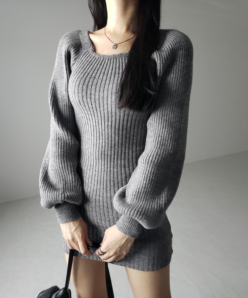 me+em select(ミームセレクト)の「【 2color 】スクエアネックリブニットミニワンピース / square neck rib knit mini one piece(ワンピース・レディース・グレー/ブラック・FREE)」の5枚目の写真