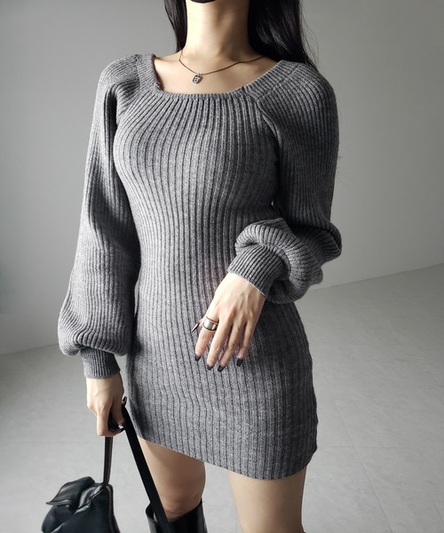 me+em select(ミームセレクト)の「【 2color 】スクエアネックリブニットミニワンピース / square neck rib knit mini one piece(ワンピース・レディース・グレー/ブラック・FREE)」の8枚目の写真