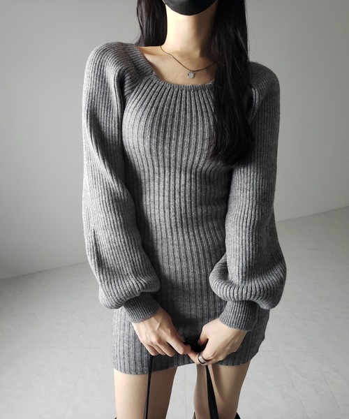 me+em select(ミームセレクト)の「【 2color 】スクエアネックリブニットミニワンピース / square neck rib knit mini one piece(ワンピース・レディース・グレー/ブラック・FREE)」の9枚目の写真