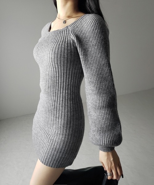 me+em select(ミームセレクト)の「【 2color 】スクエアネックリブニットミニワンピース / square neck rib knit mini one piece(ワンピース・レディース・グレー/ブラック・FREE)」の6枚目の写真