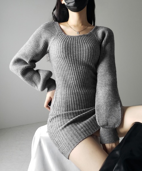 me+em select(ミームセレクト)の「【 2color 】スクエアネックリブニットミニワンピース / square neck rib knit mini one piece(ワンピース・レディース・グレー/ブラック・FREE)」の13枚目の写真
