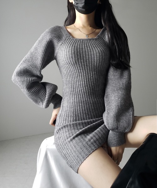 me+em select(ミームセレクト)の「【 2color 】スクエアネックリブニットミニワンピース / square neck rib knit mini one piece(ワンピース・レディース・グレー/ブラック・FREE)」の17枚目の写真