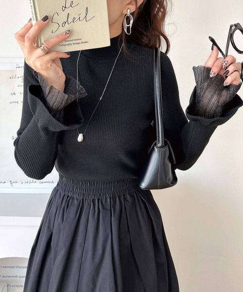セール】大人フェミニンなシアー素材。袖フレアチュール重ねリブニット