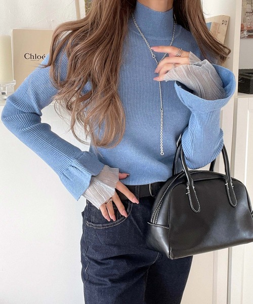 セール】大人フェミニンなシアー素材。袖フレアチュール重ねリブニット