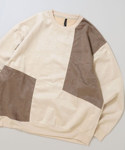 Ritzy（リッツィー）の「faux suede switching design cutsew/スウェードタッチ 切り替えデザイン カットソー レディース メンズ（スウェット・メンズ・ブラック/グレイッシュベージュ/サックスブルー/オフホワイト/チャコールグレー・M/XL/L）」の2枚目の写真