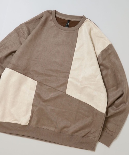 Ritzy（リッツィー）の「faux suede switching design cutsew/スウェードタッチ 切り替えデザイン カットソー レディース メンズ（スウェット・メンズ・ブラック/グレイッシュベージュ/サックスブルー/オフホワイト/チャコールグレー・M/XL/L）」の4枚目の写真